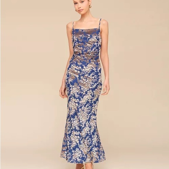 Avec Les Filles Dresses & Skirts - Avec Les Filles Burn Out Blue and Gold Ruched Floral Maxi Dress size L